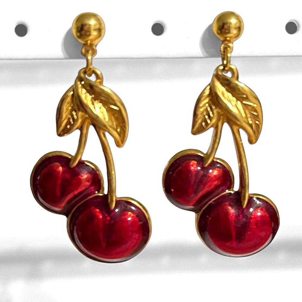 Vintage Avon Red Enamel Cherry Earrings Gold Tone Chunky Pierced Fruit Dangle